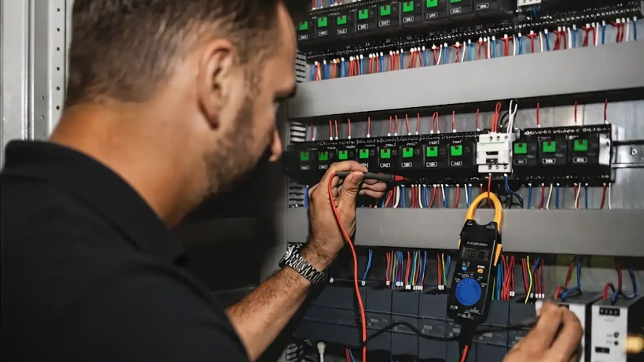 Electrical engineer carrying out planned preventative maintenance on an M&E distribution board.