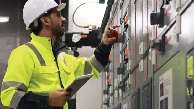 M&E maintenance engineer reviewing asset and compliance records on site.